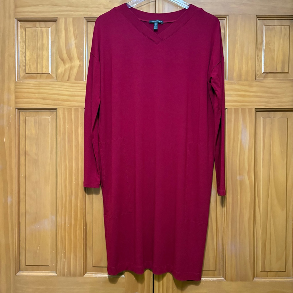 Eileen Fisher Deep Red V-Neck Long Sleeve Dress Size Xxs Euc